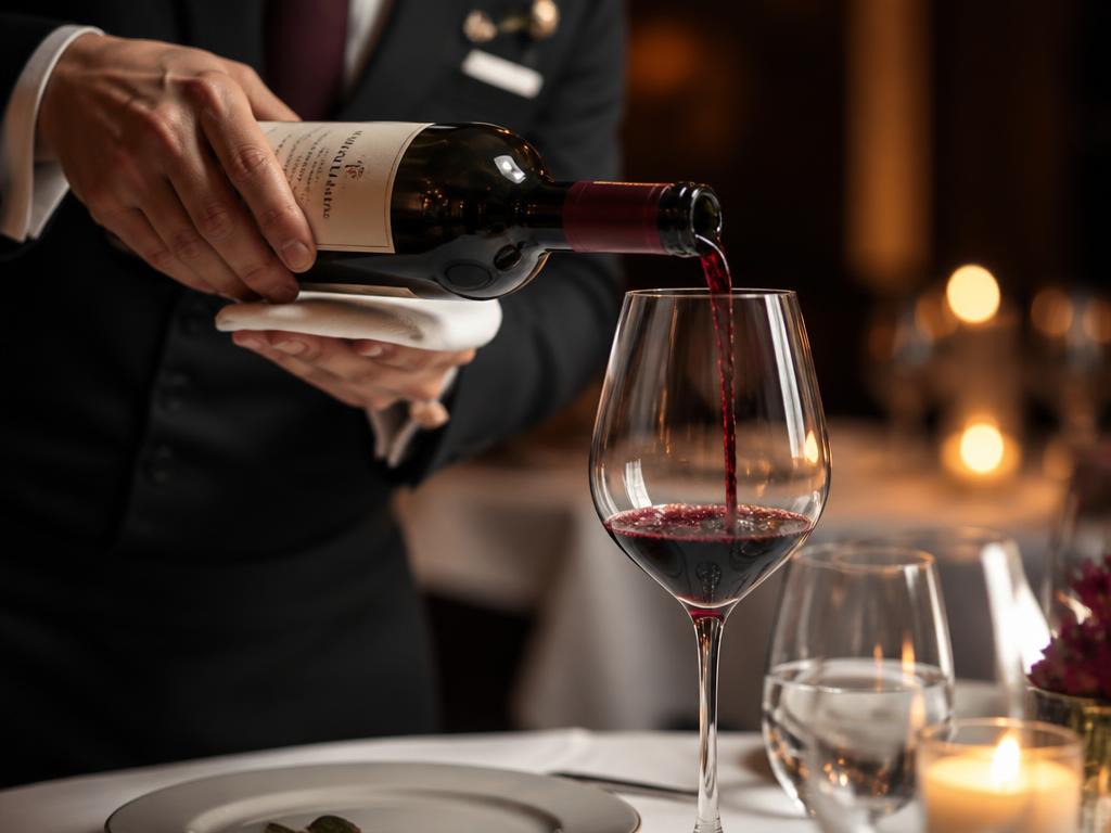Sommelier schenkt rode wijn in bij een gedekte tafel